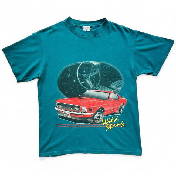 Vintage Wild Stang Ford Mustang Boss Fastback Single Stitch Teal Car USA T Shirt - Picture 1 of 14